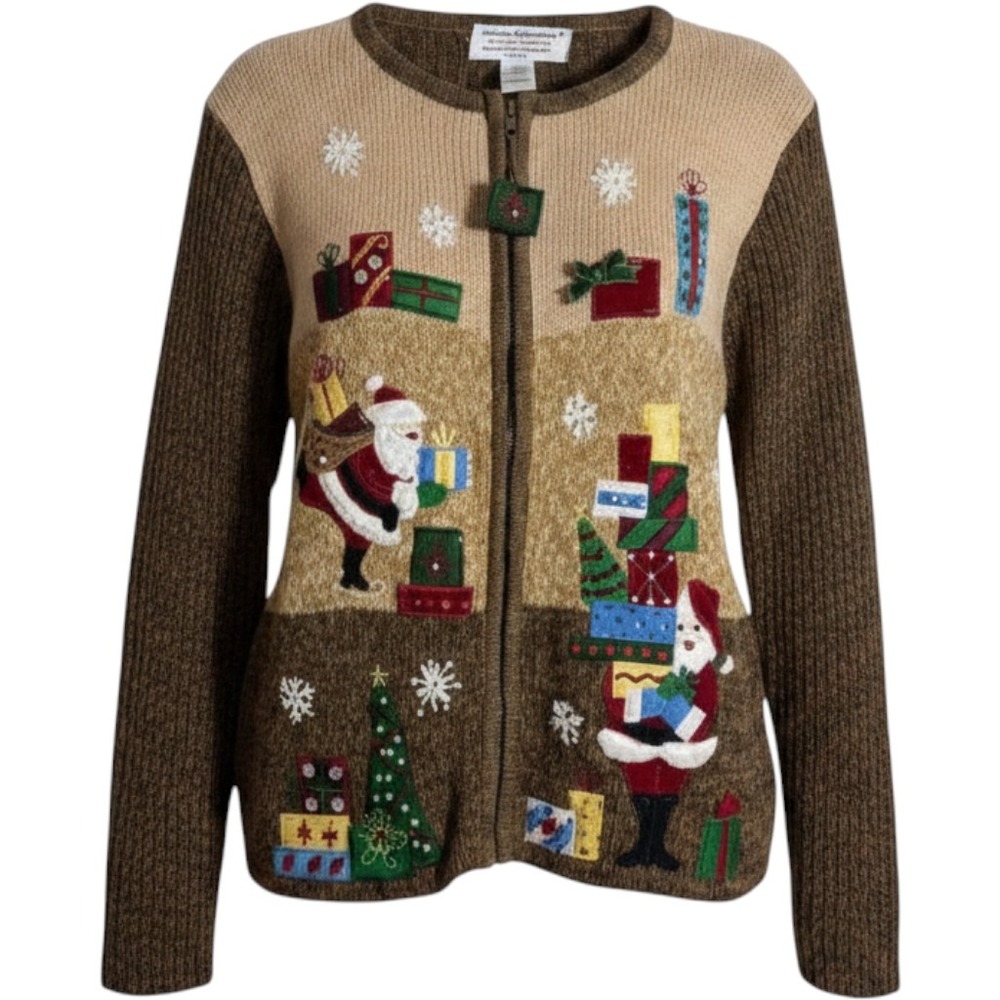 Vintage Heirloom Collectibles Brown Santa Christmas Full Zip Sweater Size PL